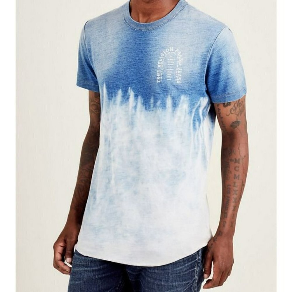 TRUE RELIGION Mens MEDIUM Blue Indigo Arch S/S Tee T-SHIRT Tie-Dye Spell-Out EUC
